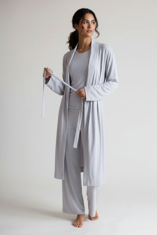 Pearl Grey Collagen lounge pant, side view showing full-length relaxed leg.