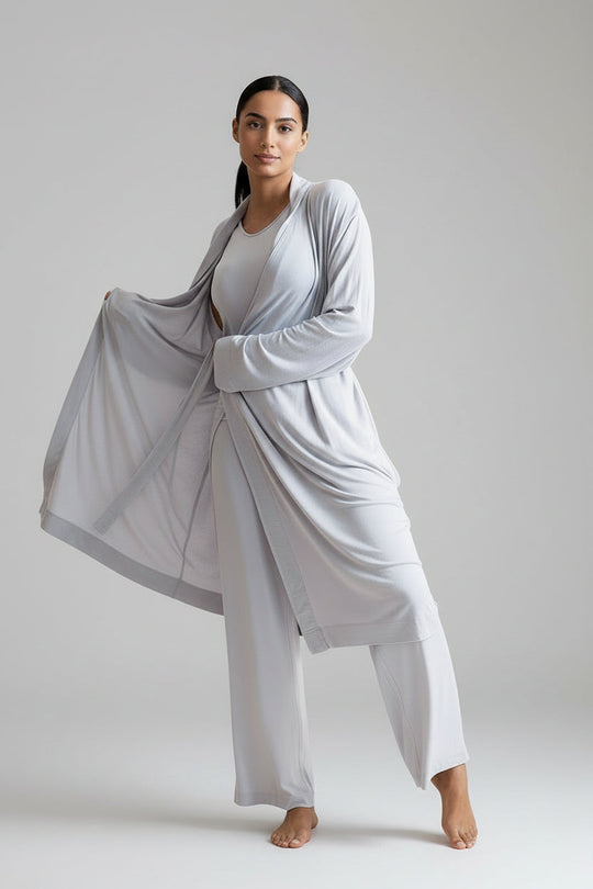 Pearl Grey lounge pants with elastic waist, cropped-ankle length straight silhouette.