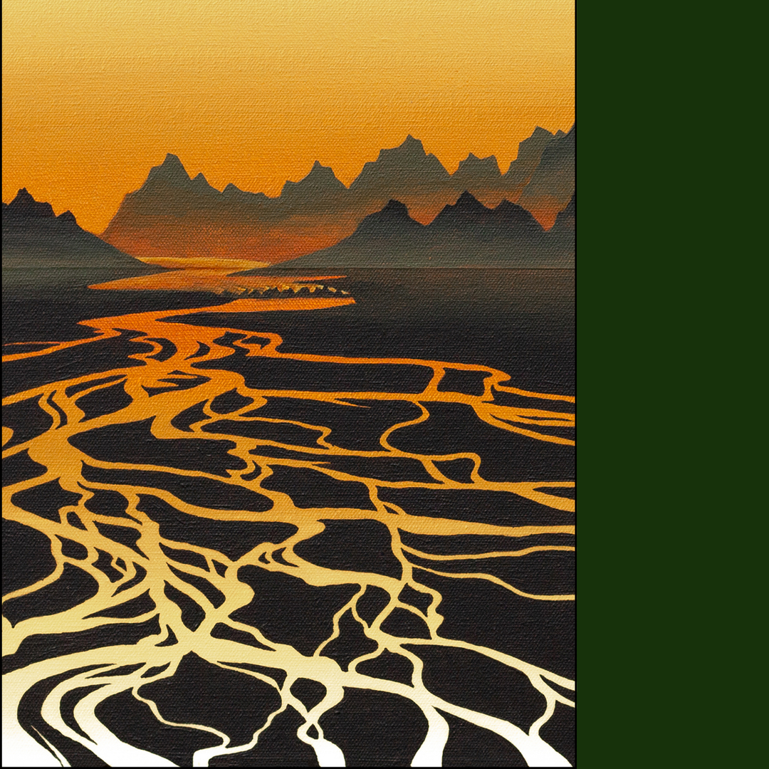 Close-up of braided river graphic print on dark green fleece fabric with orange-yellow sky