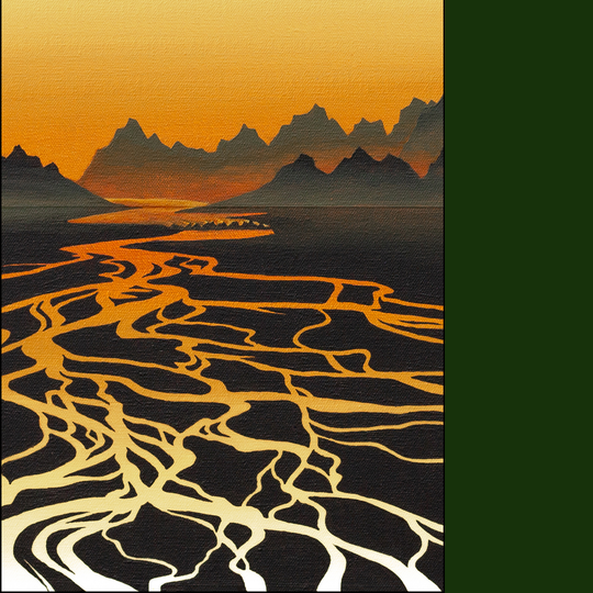 Close-up of braided river graphic print on dark green fleece fabric with orange-yellow sky