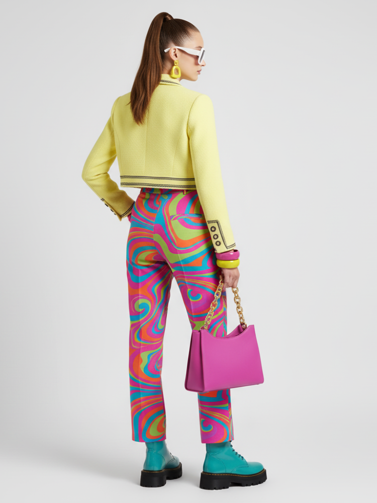 Back view: yellow cropped tweed jacket with stitched yoke and trim
