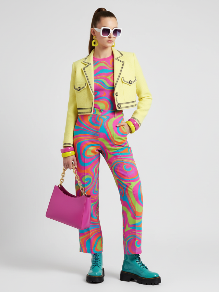 Yellow cropped tweed jacket with wide lapels, button front detail