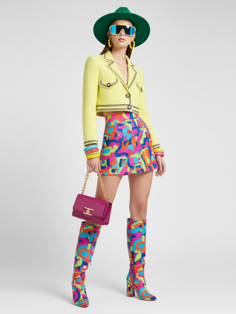 Yellow cropped tweed jacket, contrasting trim and button placket