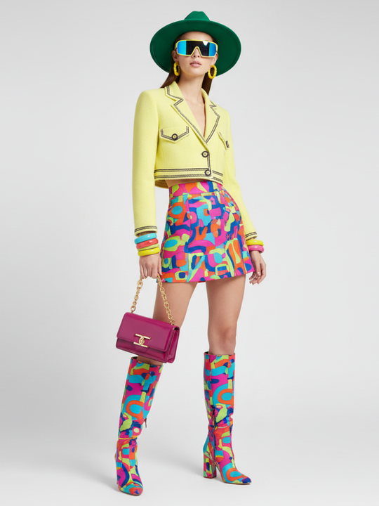Yellow cropped tweed jacket, contrasting trim and button placket