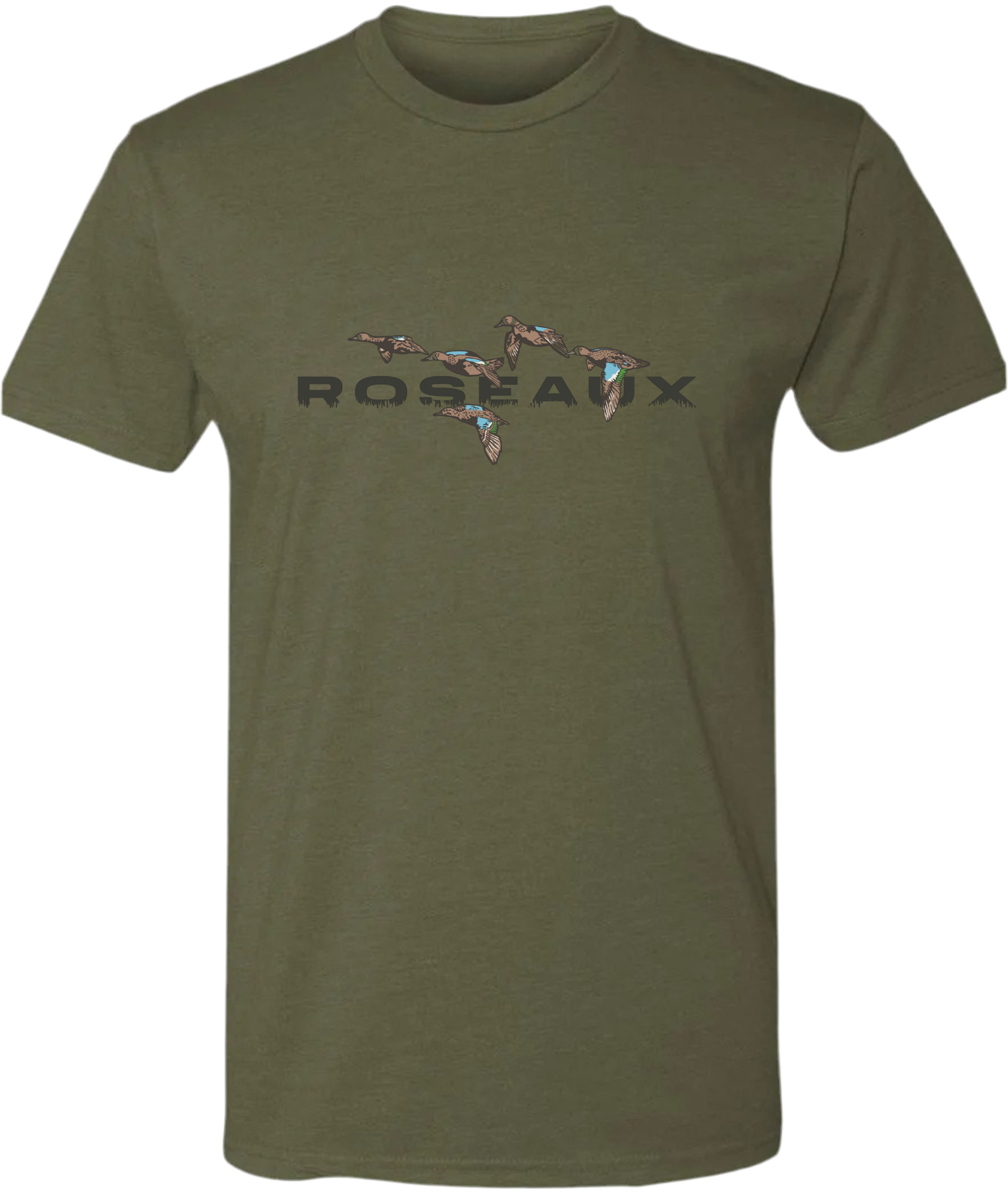 Olive green short-sleeve T-shirt with multicolor rocket logo graphic