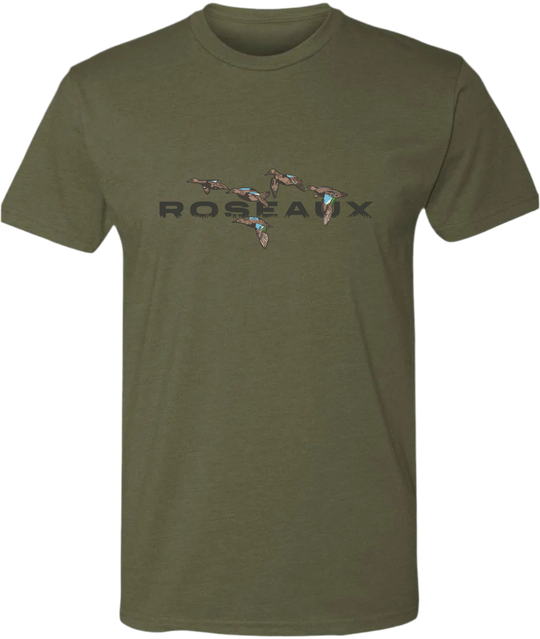 Olive green short-sleeve T-shirt with multicolor rocket logo graphic