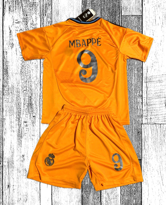 Orange MBAPPE 9 soccer jersey and shorts set with Real Madrid crest details