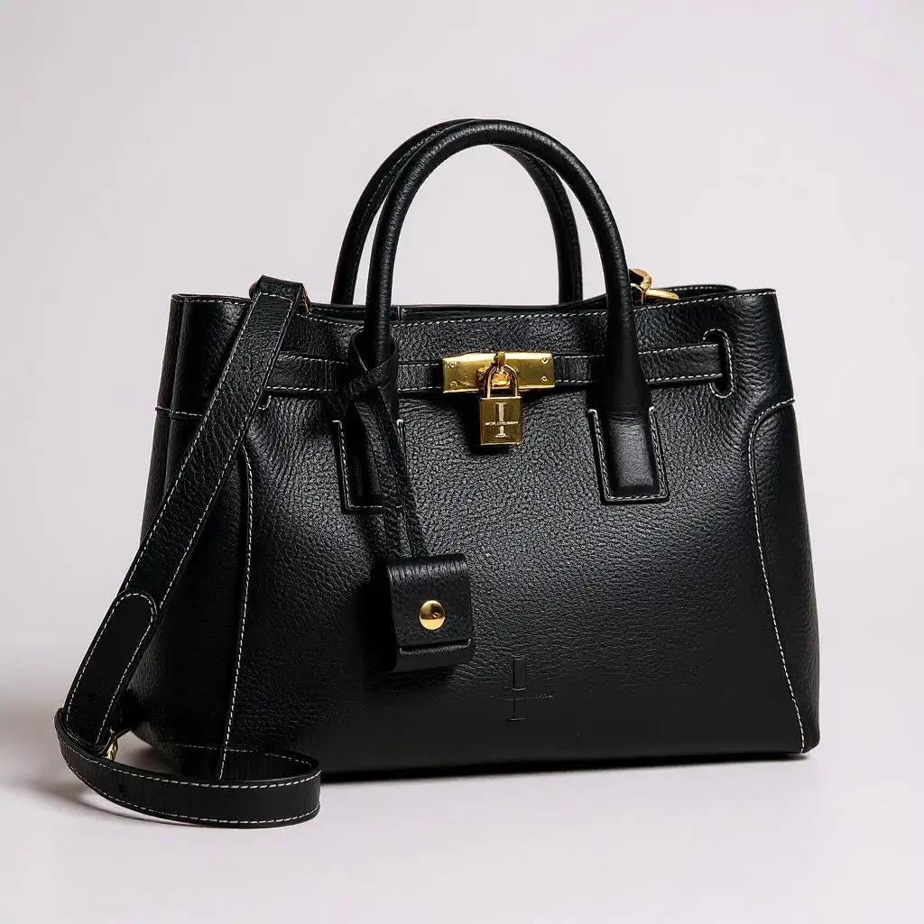 THE SHARON CLAUDIA bolso negro de cuero con correa, asa doble y placa con candado dorado