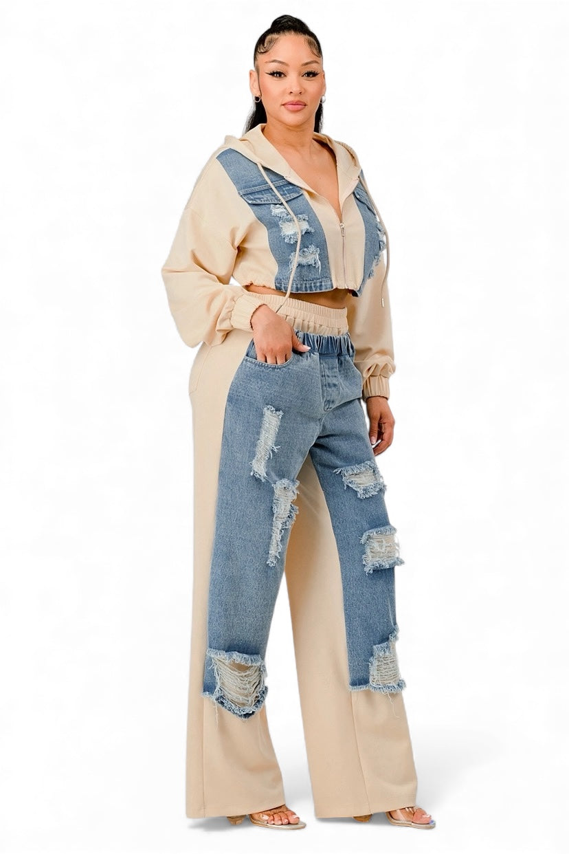 Zip-up denim patchwork hoodie &amp; wide-leg pants set, blue distressed designs on legs