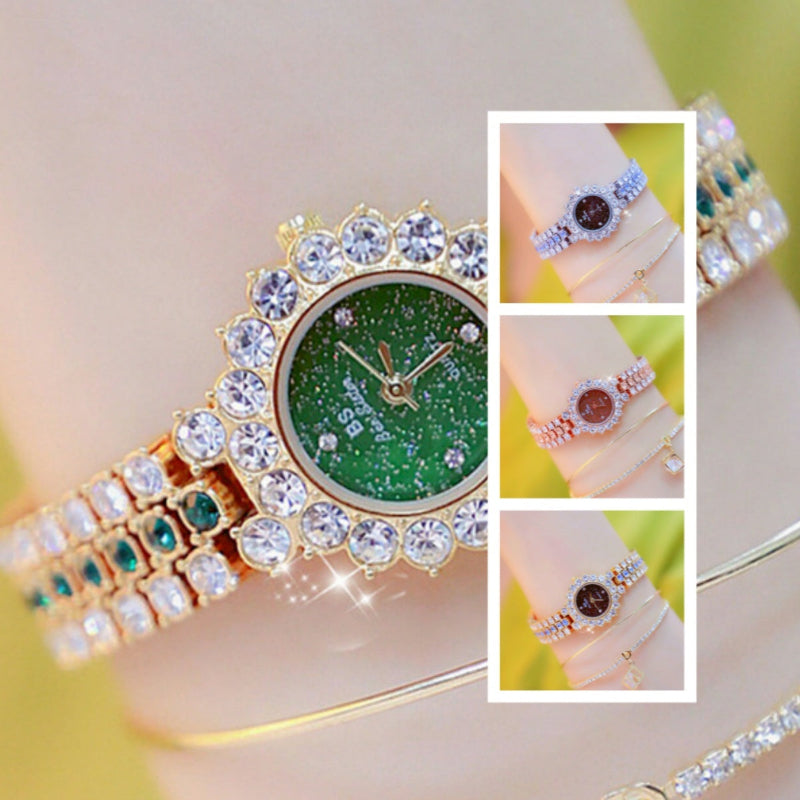 DIAMOND DIVA watch with green dial, round crystal bezel, gold-tone bracelet strap