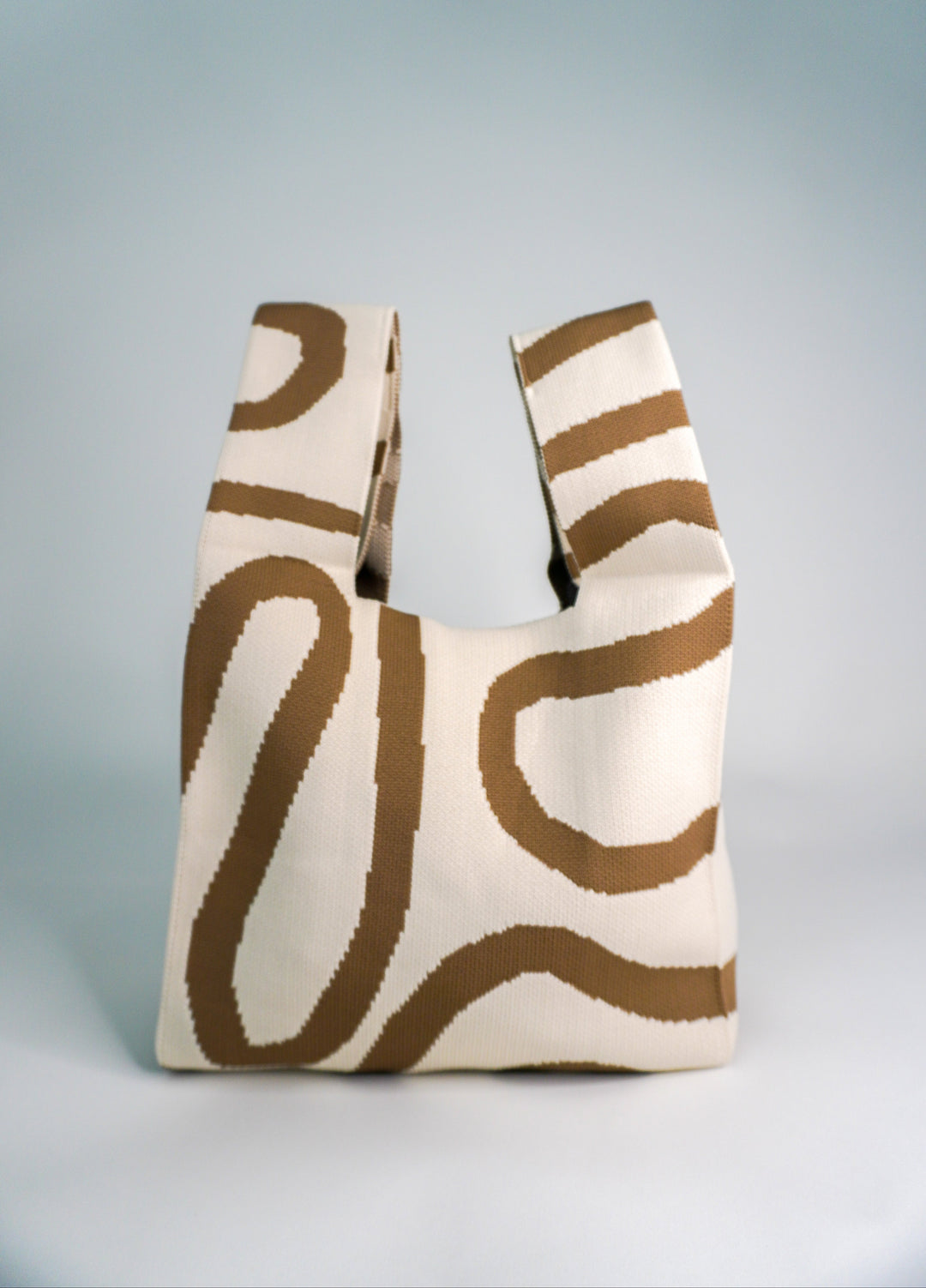 Beige-and-brown striped knit handbag, open tote silhouette