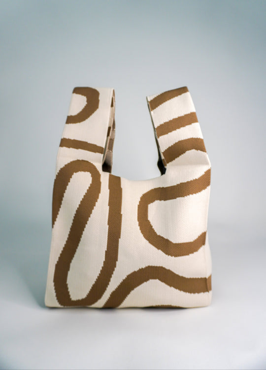Beige-and-brown striped knit handbag, open tote silhouette