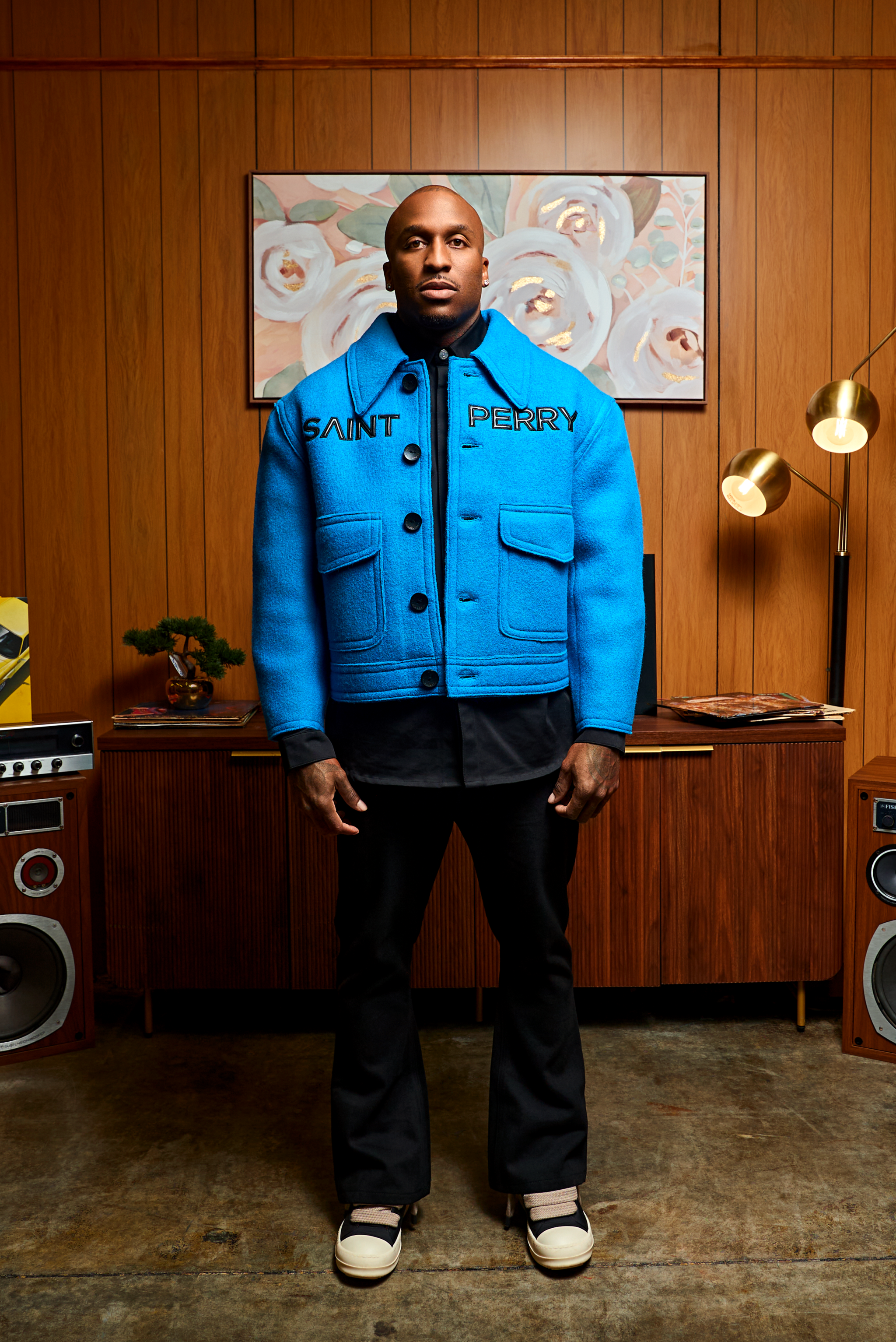 The Blue Love Boxy Jacket, bright blue button-front with two flap chest pockets
