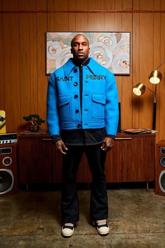 The Blue Love Boxy Jacket, bright blue button-front with two flap chest pockets