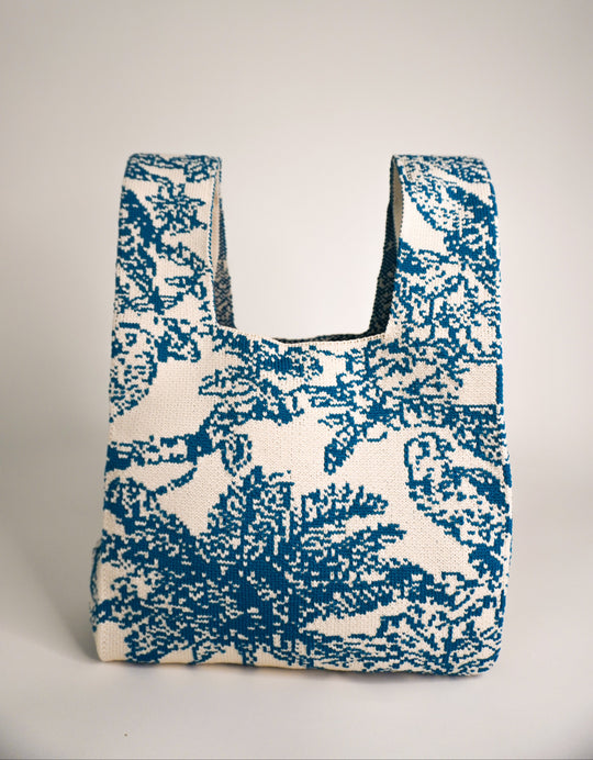 Blue and cream woven handbag with wide strap and open tote-style top.