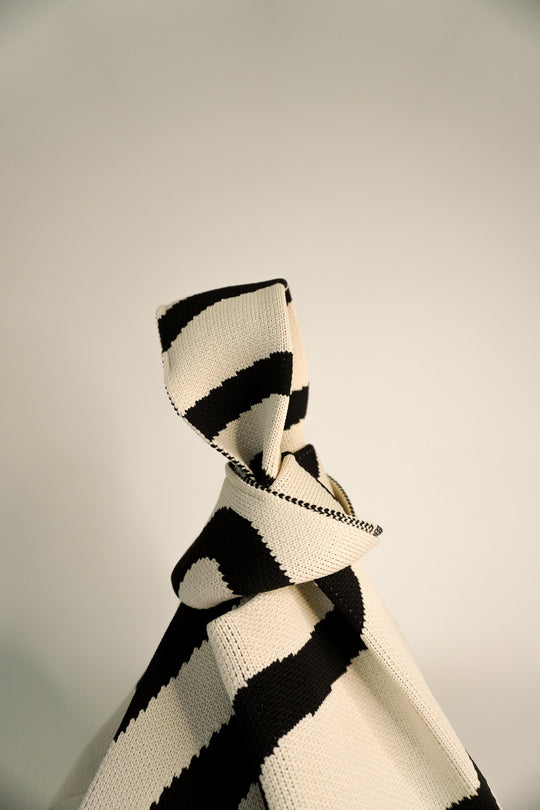 A Bag Concept handbag detail: black-and-cream striped woven body and short handle