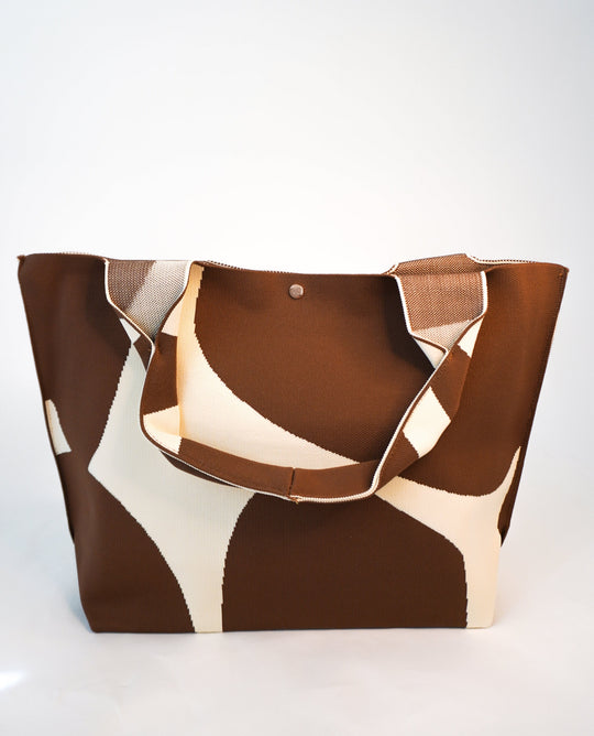 MOOdy Latte Signature tote, brown with cream abstract shapes, top snap closure