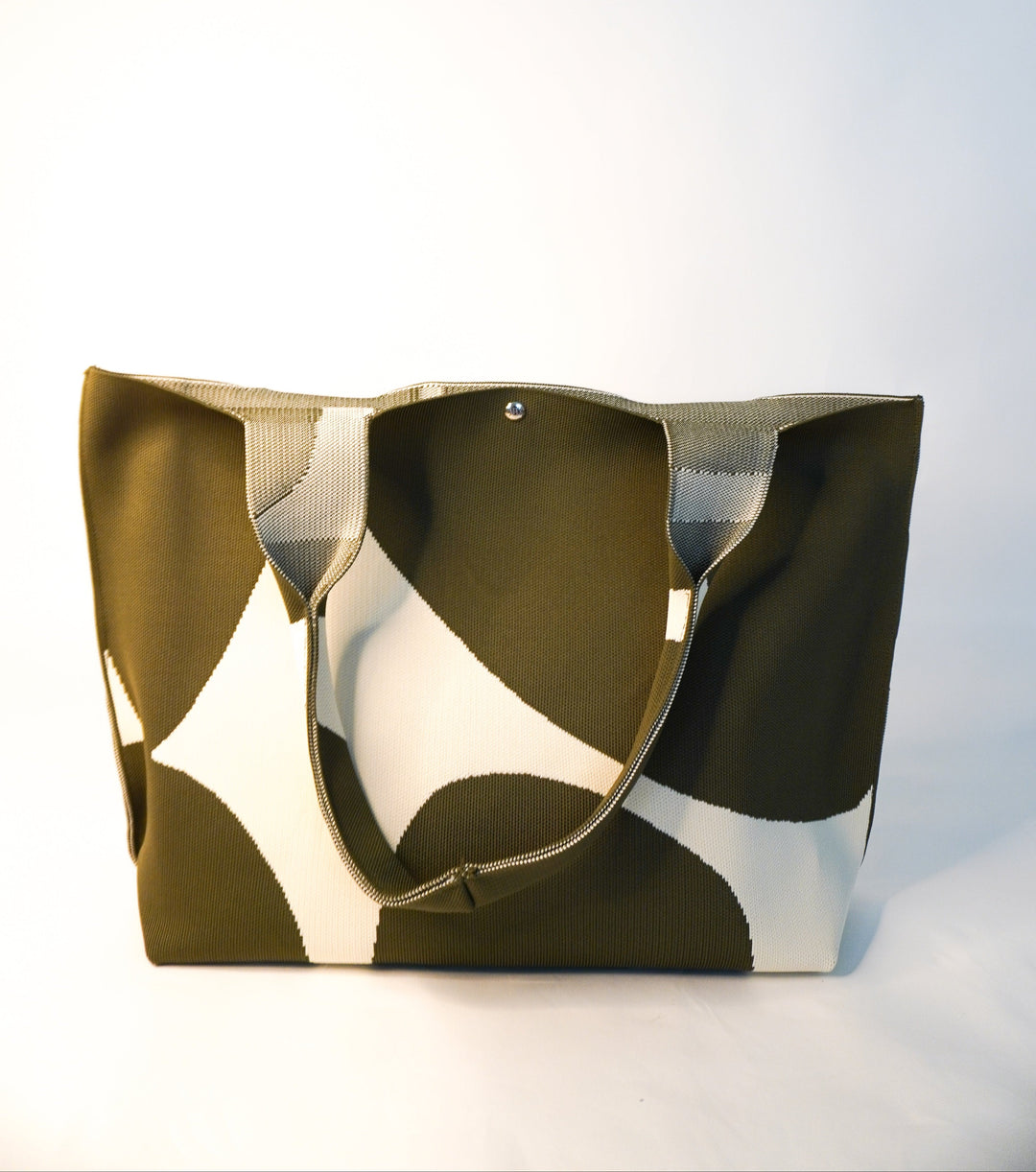MOOdy Green Signature Tote with green-and-white abstract pattern, open top, two handles