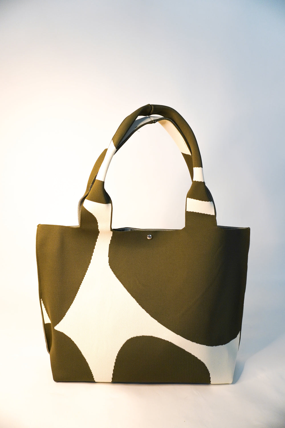 MOOdy Green Signature Tote, short handles, green body with large white abstract shapes