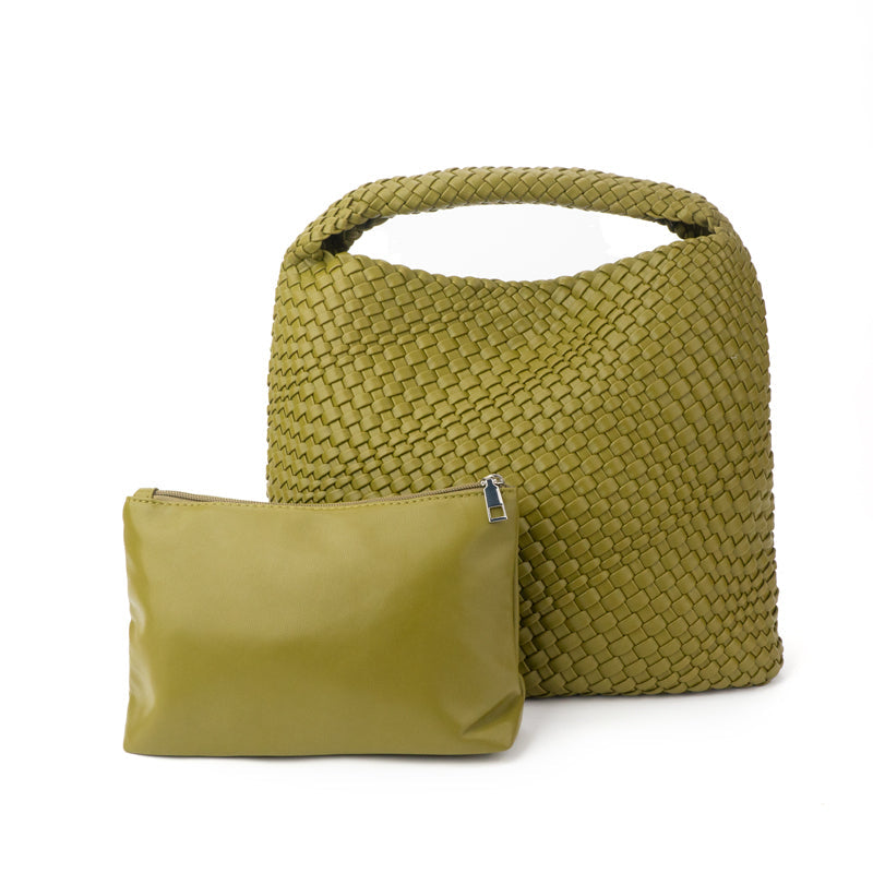 Olive woven vegan leather tote with top handle and side buckle; matching pouch bag