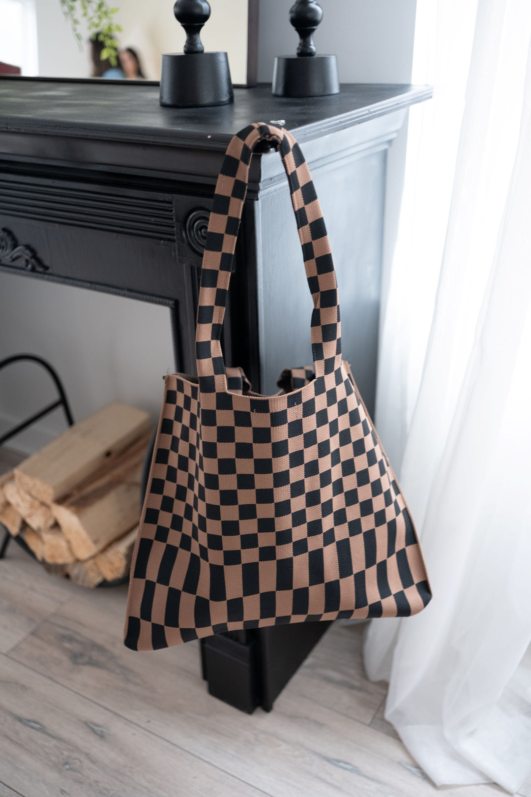 Classic checkered skinny tote bag with short top handles, black and tan pattern