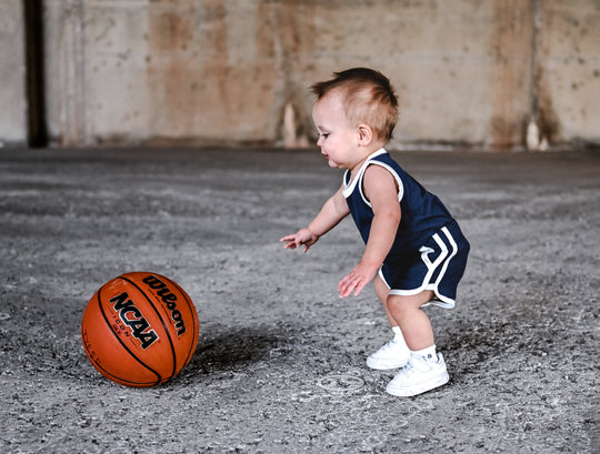 Bamboo rib navy track shorts set with white trim, sleeveless top and matching shorts