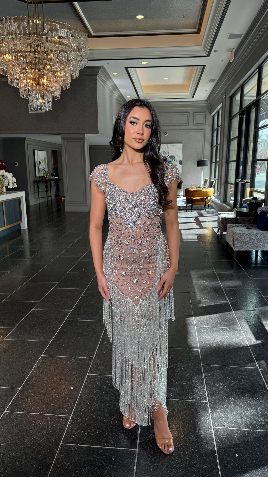 Nude/Silver beaded maxi dress with cap sleeves, V-shaped beaded panel and tassel fringe