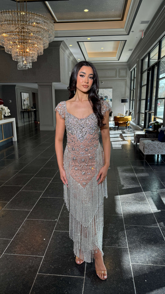 Nude/Silver beaded maxi dress with cap sleeves, V-shaped beaded panel and tassel fringe