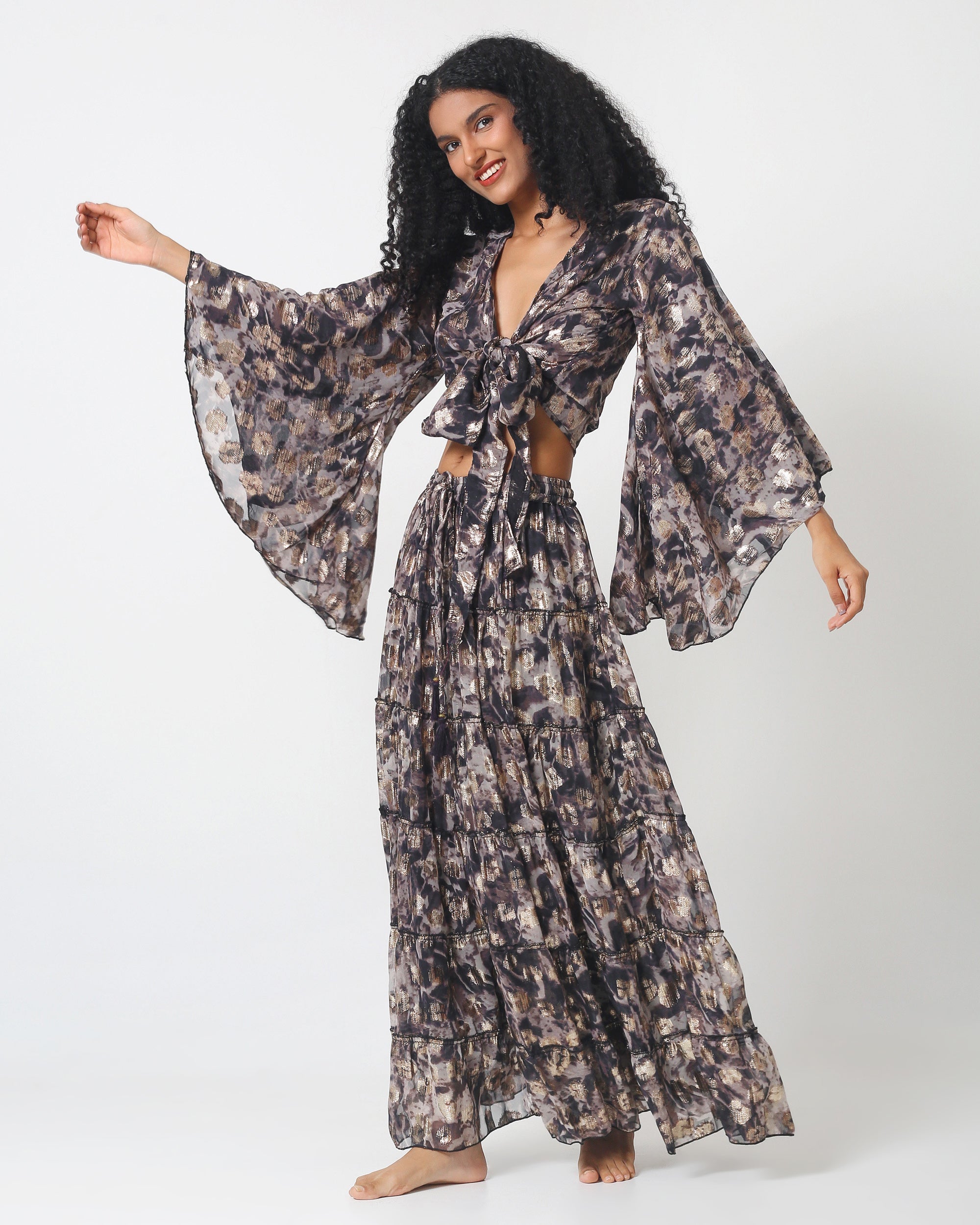 Dubai skirt set: tiered maxi skirt and kimono-style top with front tie, navy print