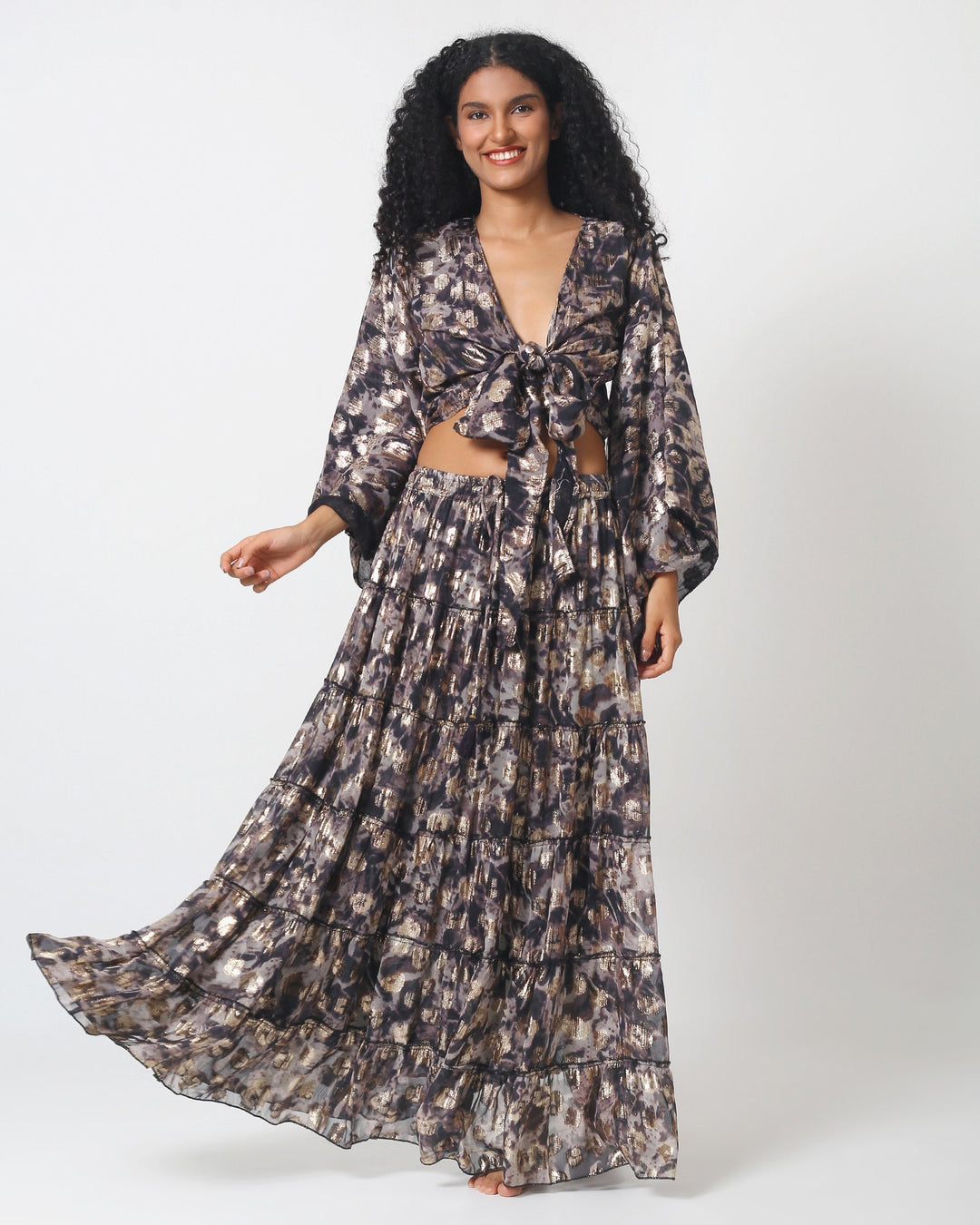 Dubai skirt set full look: long tiered maxi skirt with matching knotted kimono top