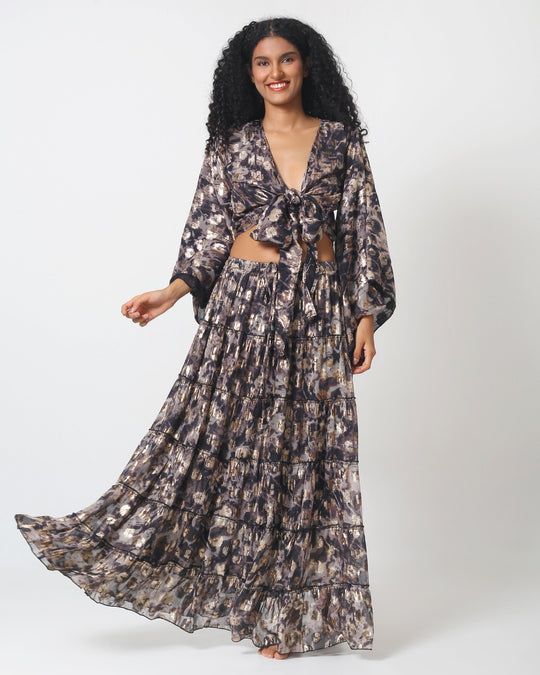Dubai skirt set full look: long tiered maxi skirt with matching knotted kimono top