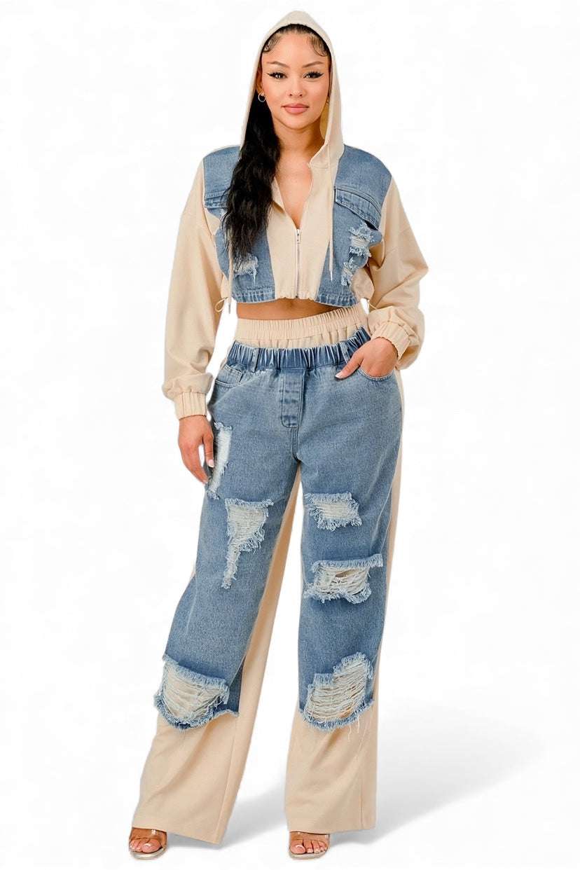 Denim patchwork hoodie &amp; wide-leg pants, front zip with hood up, blue distressed inserts