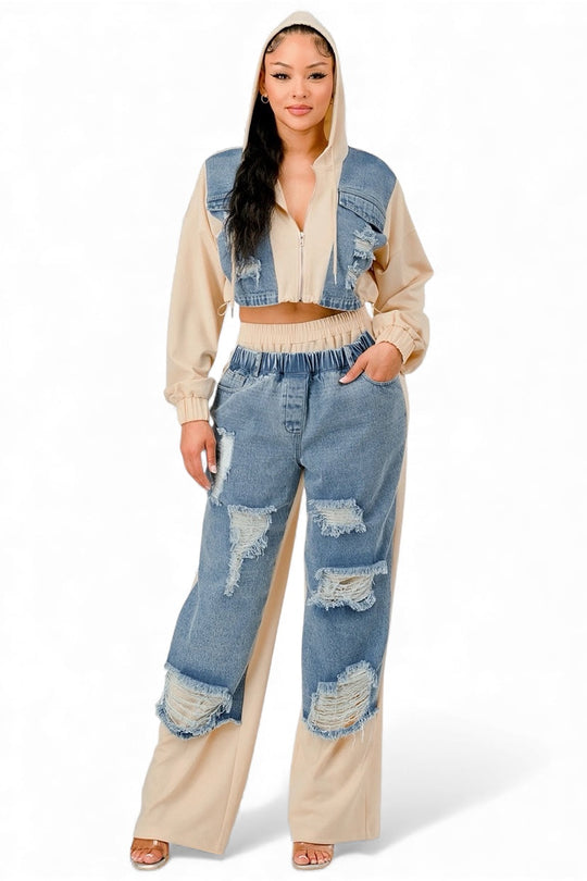 Denim patchwork hoodie &amp; wide-leg pants, front zip with hood up, blue distressed inserts
