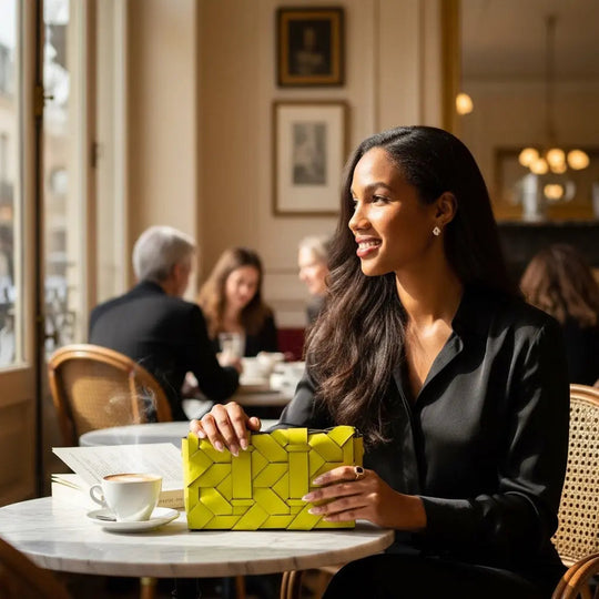 THE ZENOBIA WOVEN CLUTCH, pistachio green woven pattern with top handle