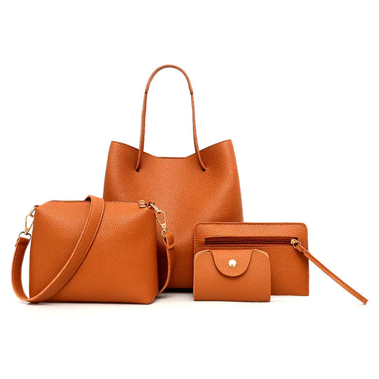 Brown bucket tote set: large tote, crossbody bucket, zip wallet pouch