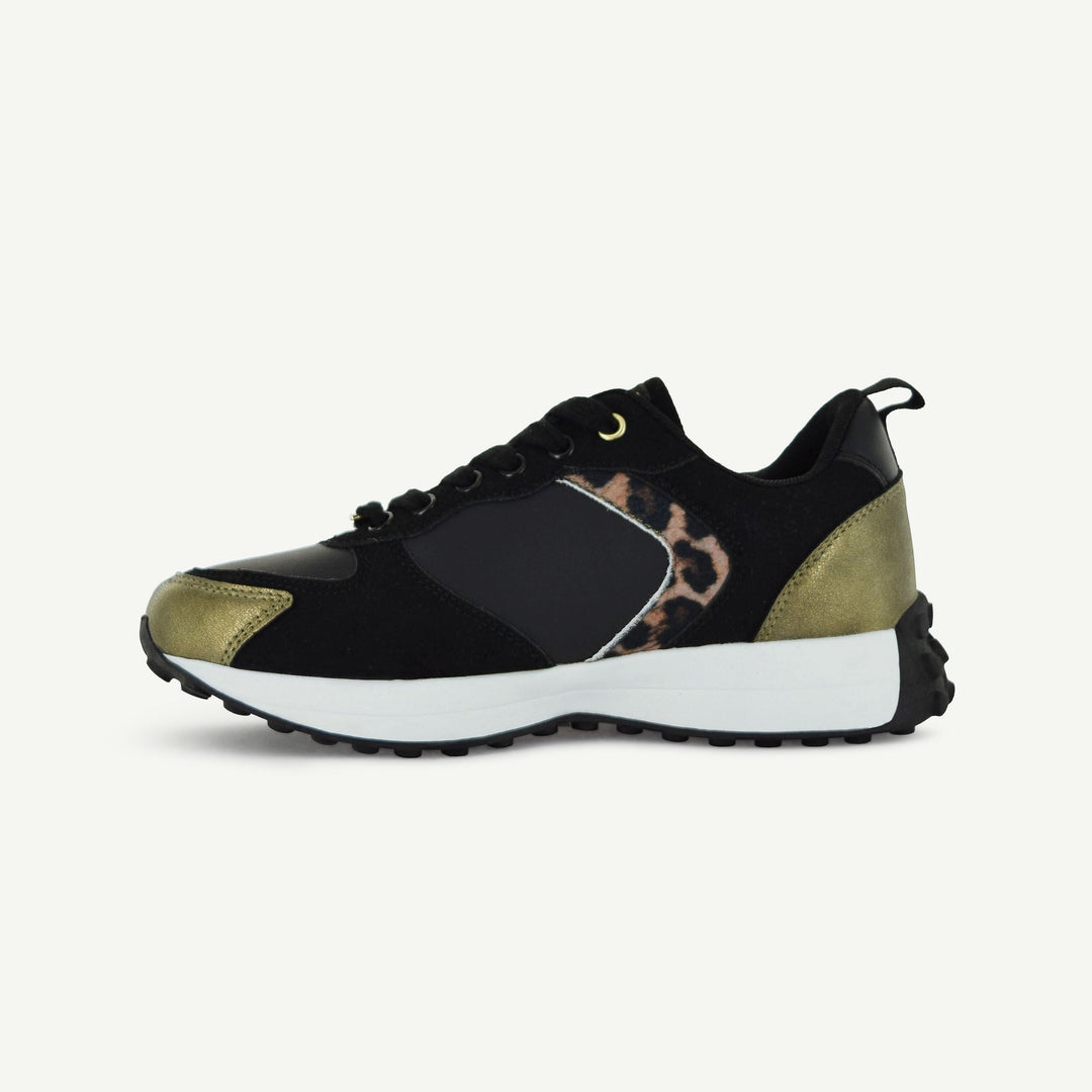 Retro Runner low-top sneaker with black upper, animal print insert, and gold toe accents