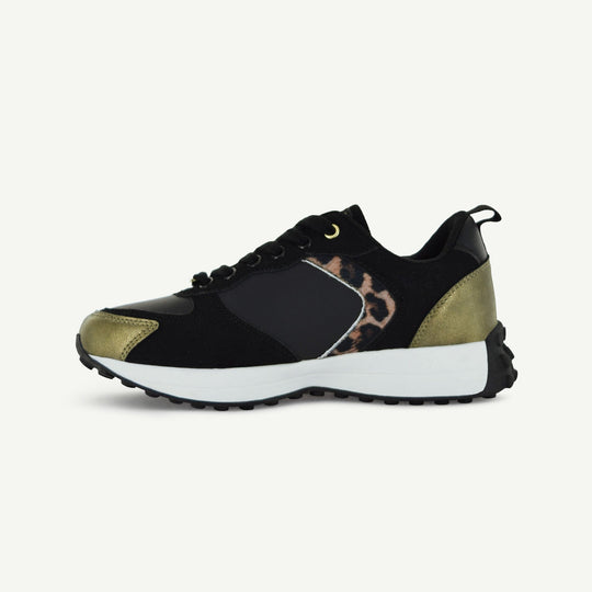 Retro Runner low-top sneaker with black upper, animal print insert, and gold toe accents