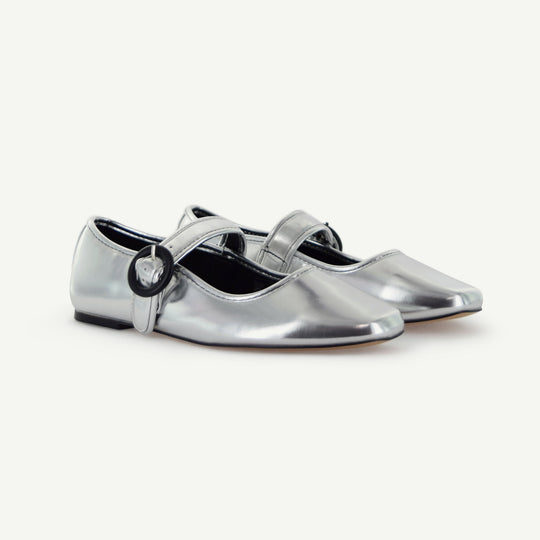 Silver Mary Jane flat back-quarter view with round buckle strap