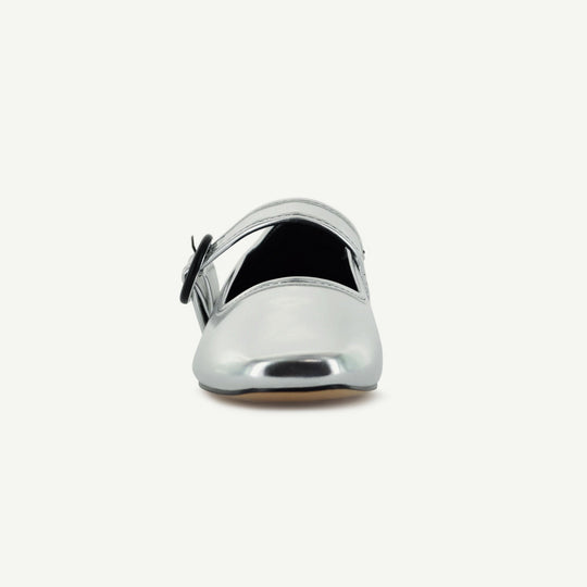 Silver Mary Jane toe view with round buckle strap and black collar lining
