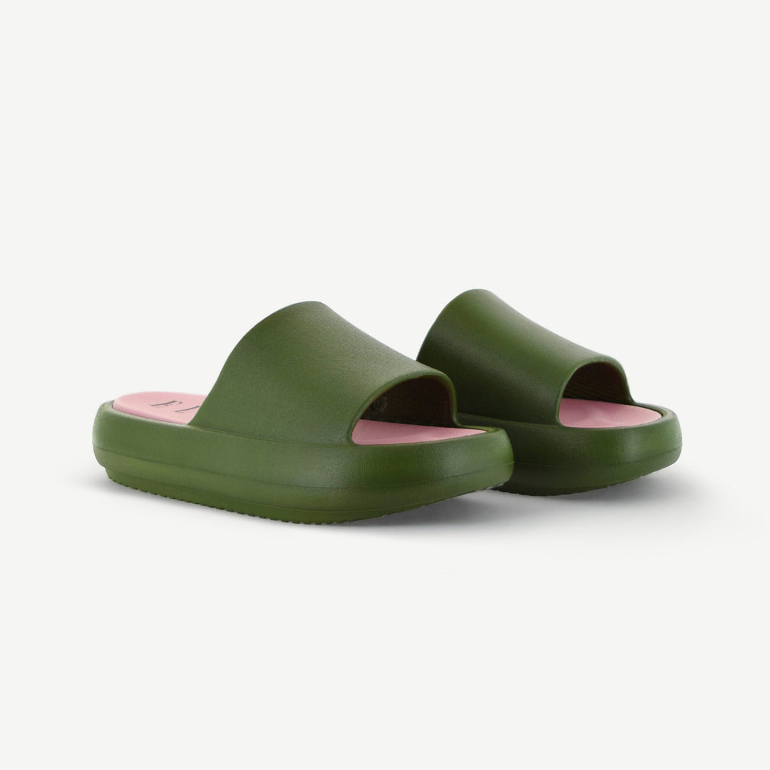 Pair of ST. TROPEZ platform slides in olive green with pink footbed