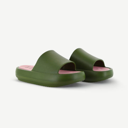 Pair of ST. TROPEZ platform slides in olive green with pink footbed