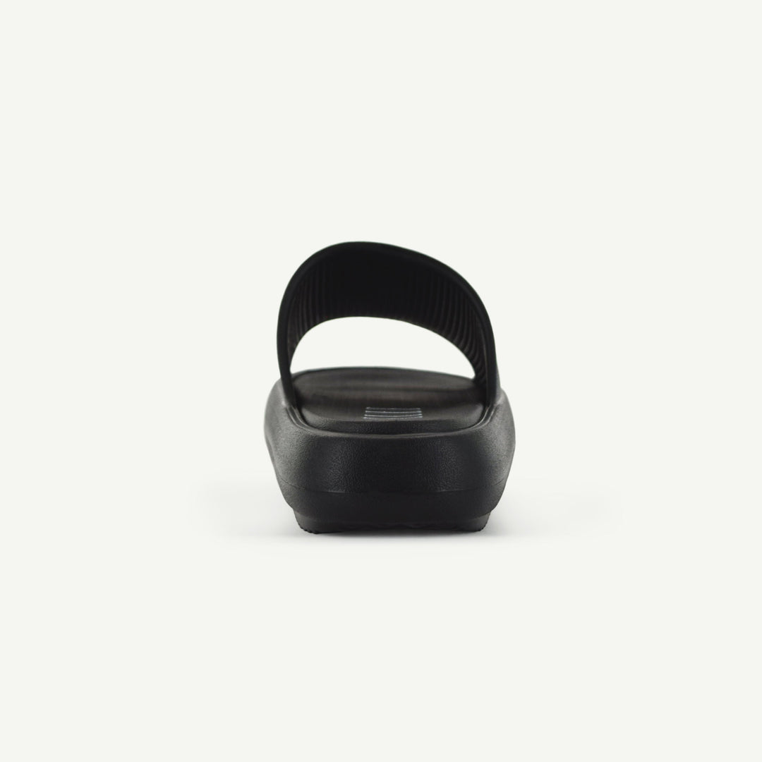 Black platform slide back view, smooth molded heel and strap.
