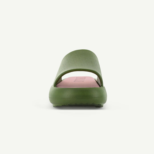 ST. TROPEZ platform slide in olive green, back view with thick sole