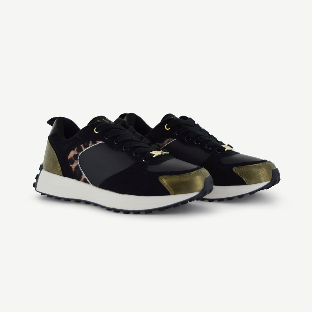 Retro Runner sneakers, black with animal print trim and gold side details