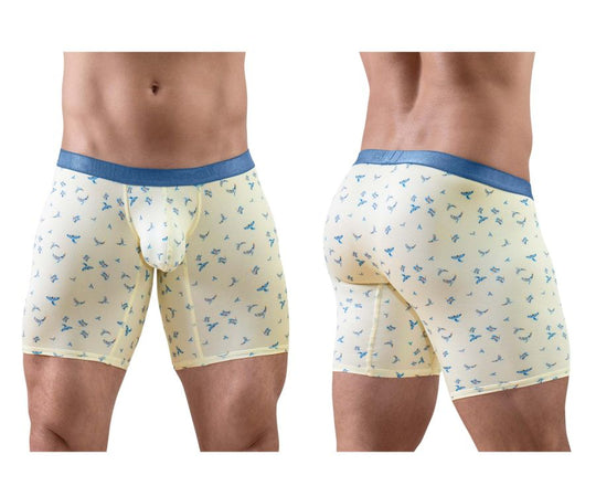 ErgoWear EW1771 SLK SE boxer briefs in Vanilla-Birds pattern, blue waistband.