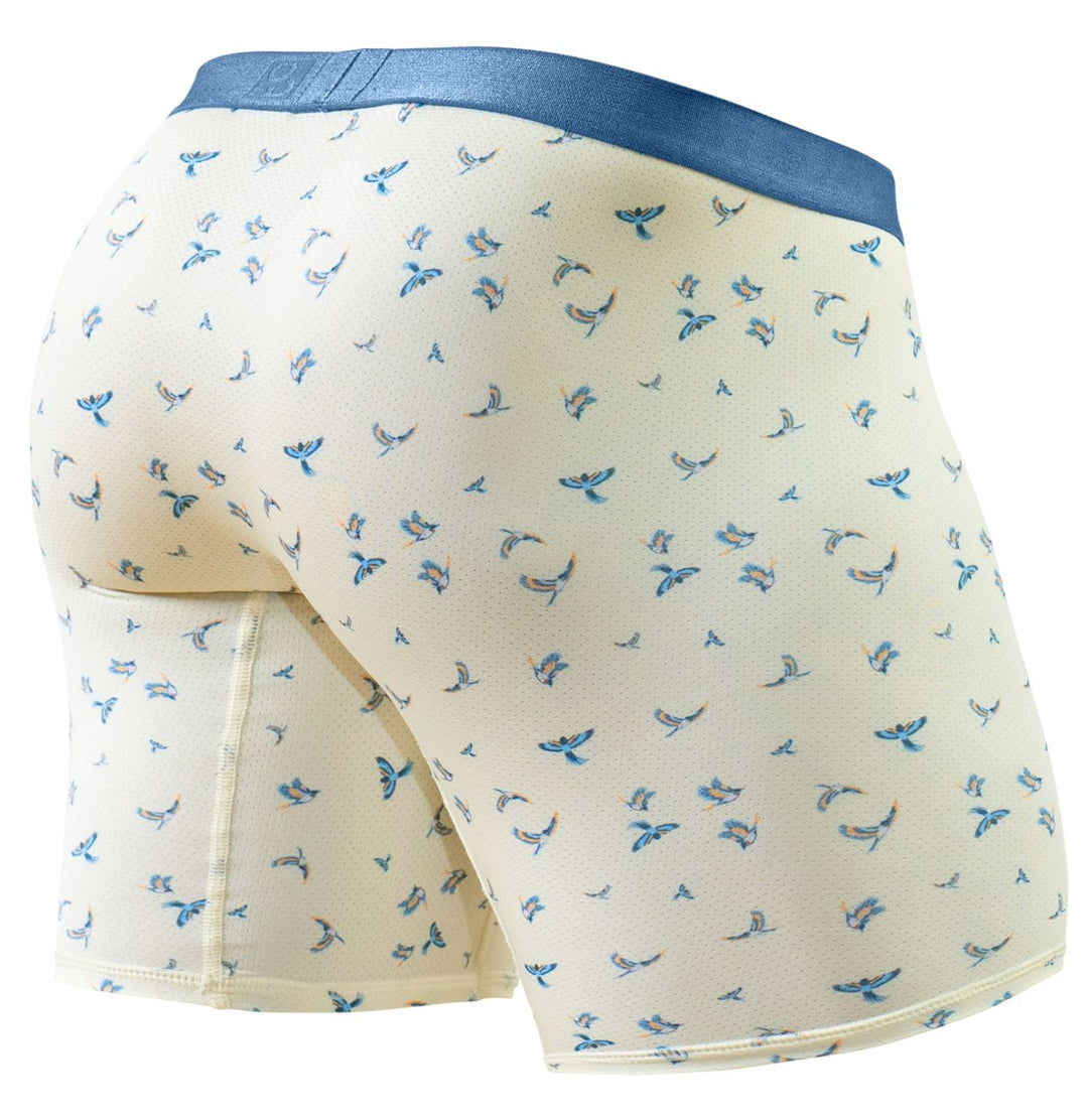 Side view of Vanilla-Birds boxer briefs with blue waistband and front seam.