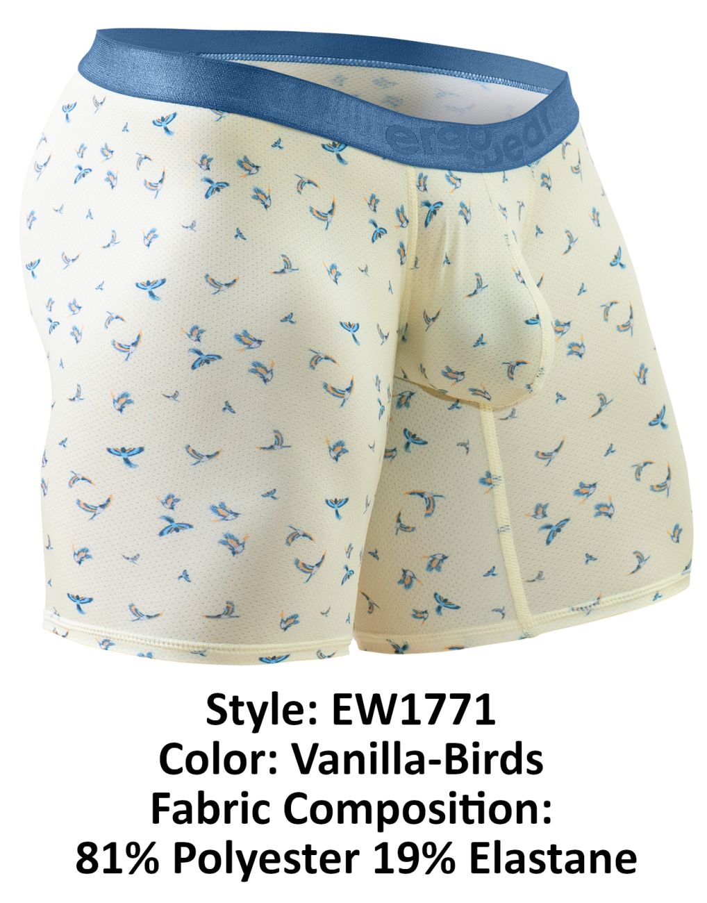 Vanilla-Birds boxer briefs with blue waistband, front pouch, and contrast stitching.