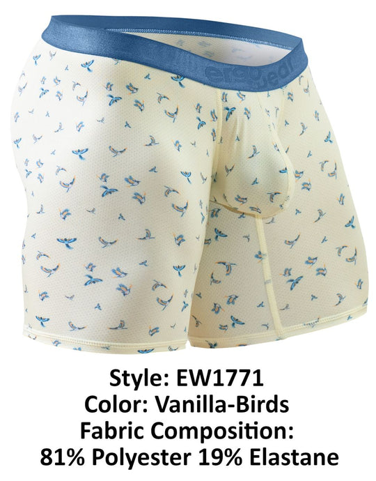 Vanilla-Birds boxer briefs with blue waistband, front pouch, and contrast stitching.