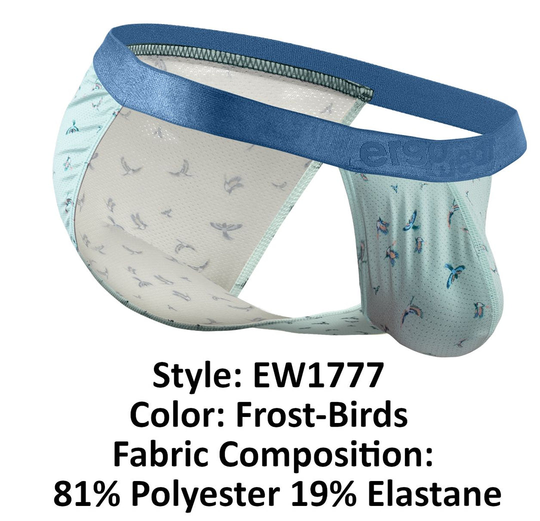 Bikinihose EW1777 in Frost-Birds, blaues Bundband; Label-Info und Stoffkomposition
