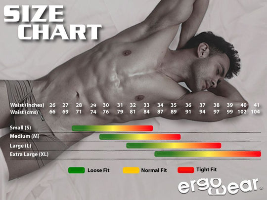 ErgoWear size chart with waist inches and fit indicators (Loose, Normal, Tight).